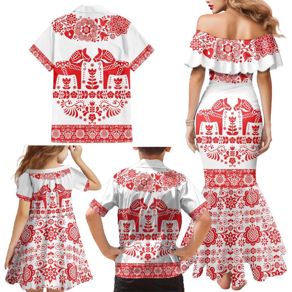 Sweden Daleclarian Horse Family Matching Mermaid Dress and Hawaiian Shirt Floral Folk Pattern White Version