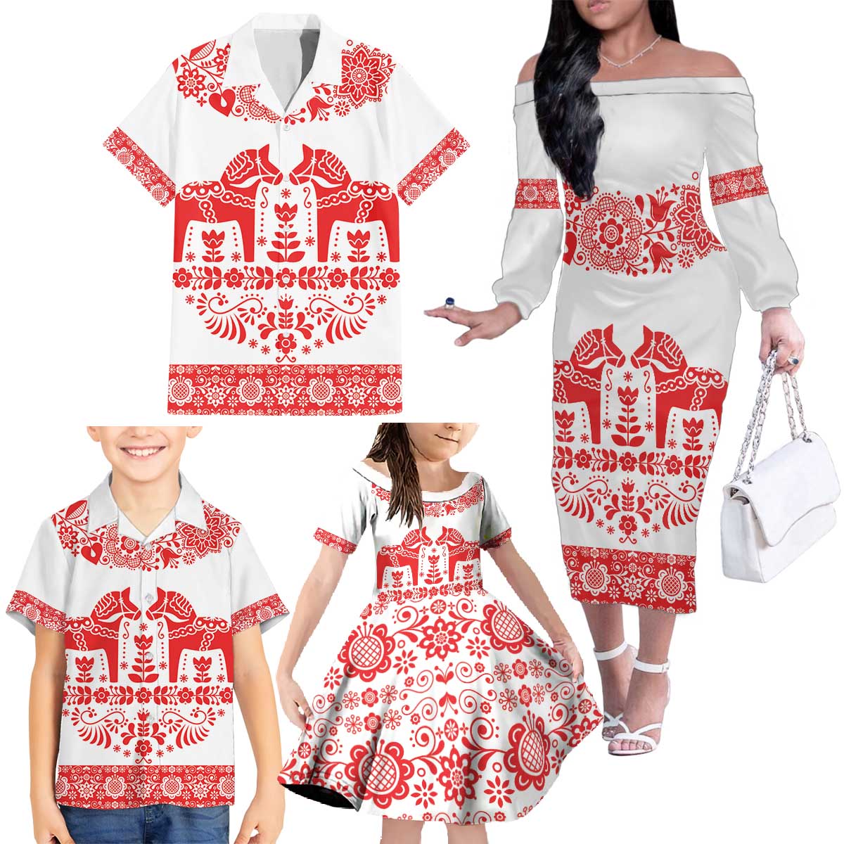Sweden Daleclarian Horse Family Matching Off The Shoulder Long Sleeve Dress and Hawaiian Shirt Floral Folk Pattern White Version