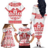 Sweden Daleclarian Horse Family Matching Off The Shoulder Long Sleeve Dress and Hawaiian Shirt Floral Folk Pattern White Version