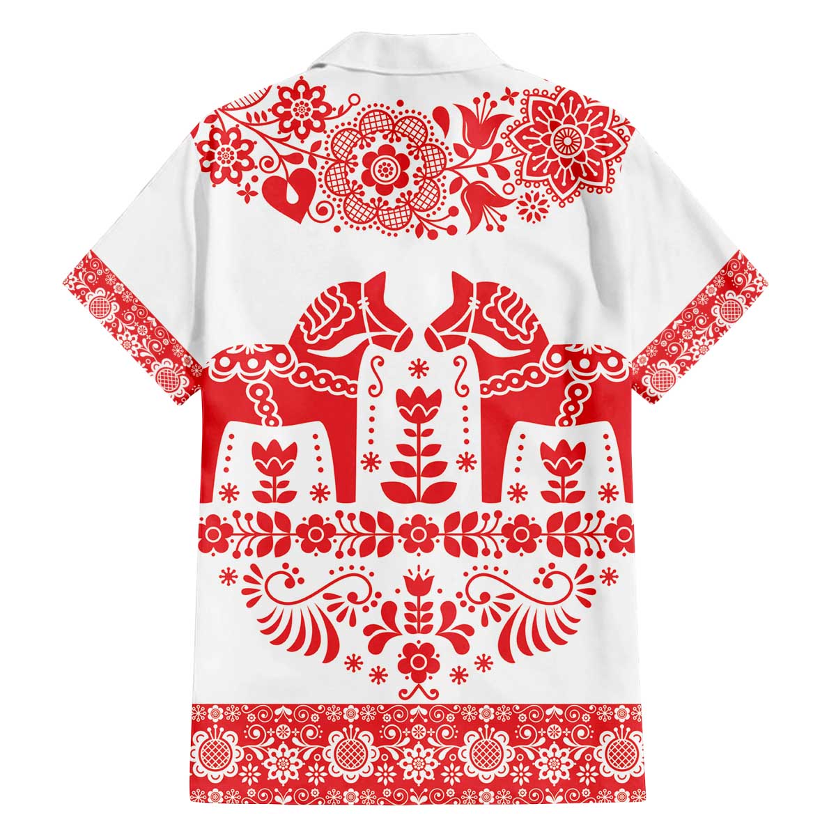 Sweden Daleclarian Horse Family Matching Off The Shoulder Long Sleeve Dress and Hawaiian Shirt Floral Folk Pattern White Version