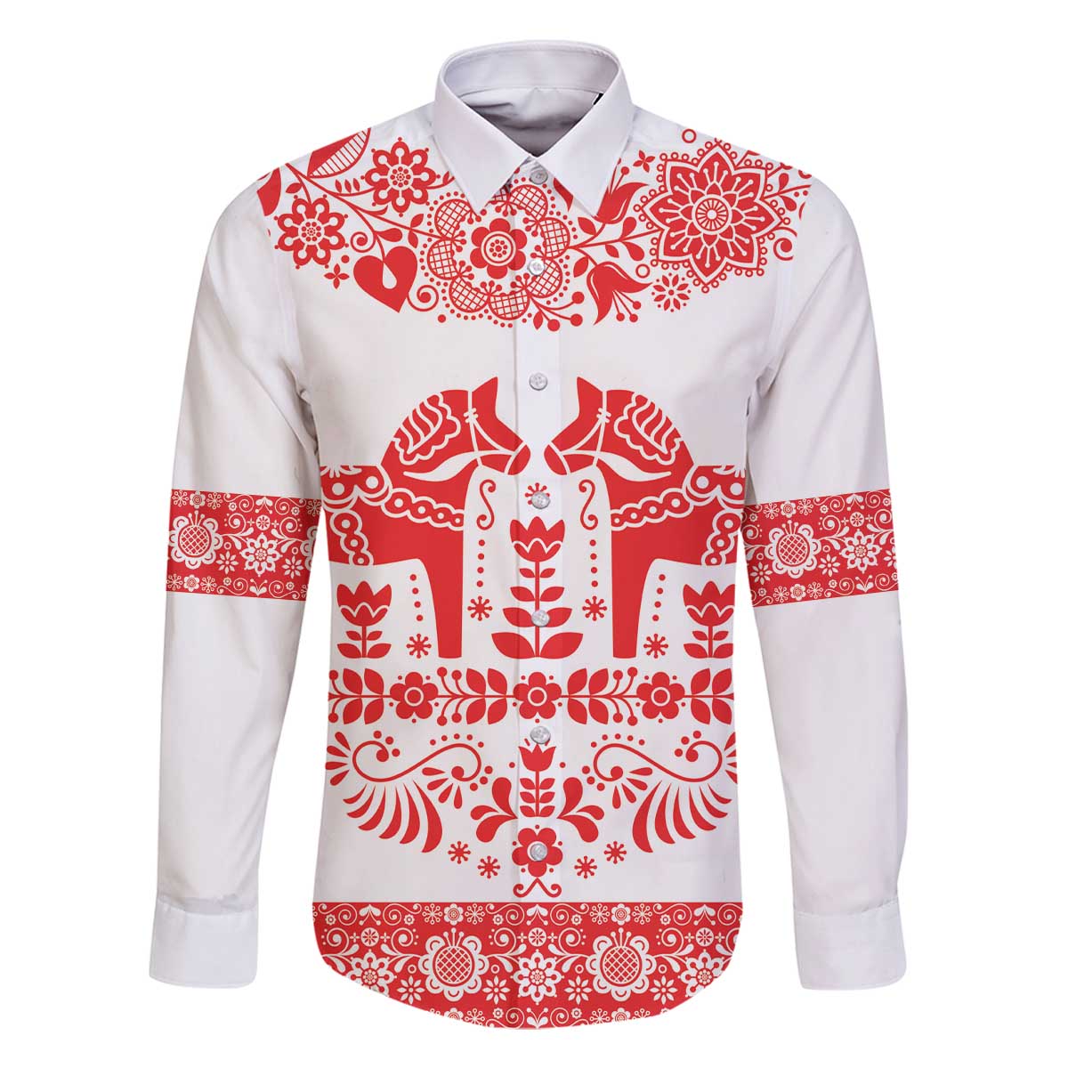 Sweden Daleclarian Horse Family Matching Off The Shoulder Long Sleeve Dress and Hawaiian Shirt Floral Folk Pattern White Version