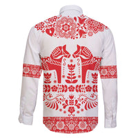 Sweden Daleclarian Horse Family Matching Off The Shoulder Long Sleeve Dress and Hawaiian Shirt Floral Folk Pattern White Version