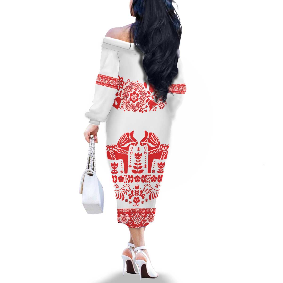 Sweden Daleclarian Horse Family Matching Off The Shoulder Long Sleeve Dress and Hawaiian Shirt Floral Folk Pattern White Version