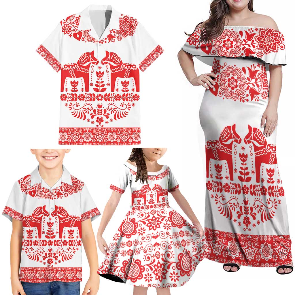 Sweden Daleclarian Horse Family Matching Off Shoulder Maxi Dress and Hawaiian Shirt Floral Folk Pattern White Version