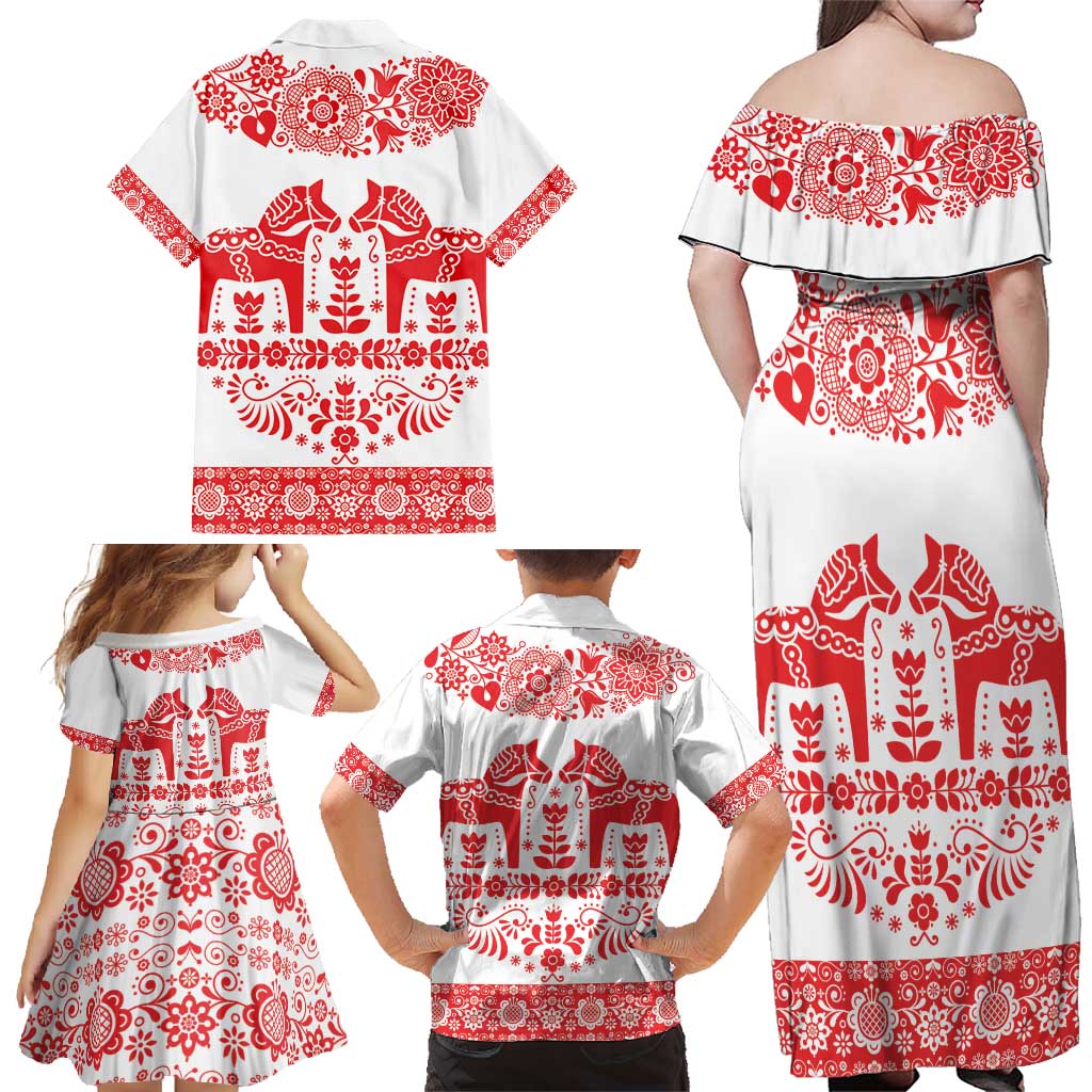 Sweden Daleclarian Horse Family Matching Off Shoulder Maxi Dress and Hawaiian Shirt Floral Folk Pattern White Version