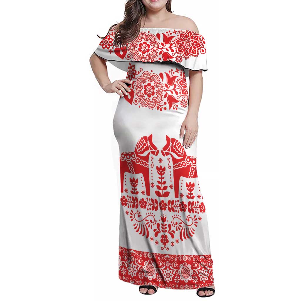 Sweden Daleclarian Horse Family Matching Off Shoulder Maxi Dress and Hawaiian Shirt Floral Folk Pattern White Version
