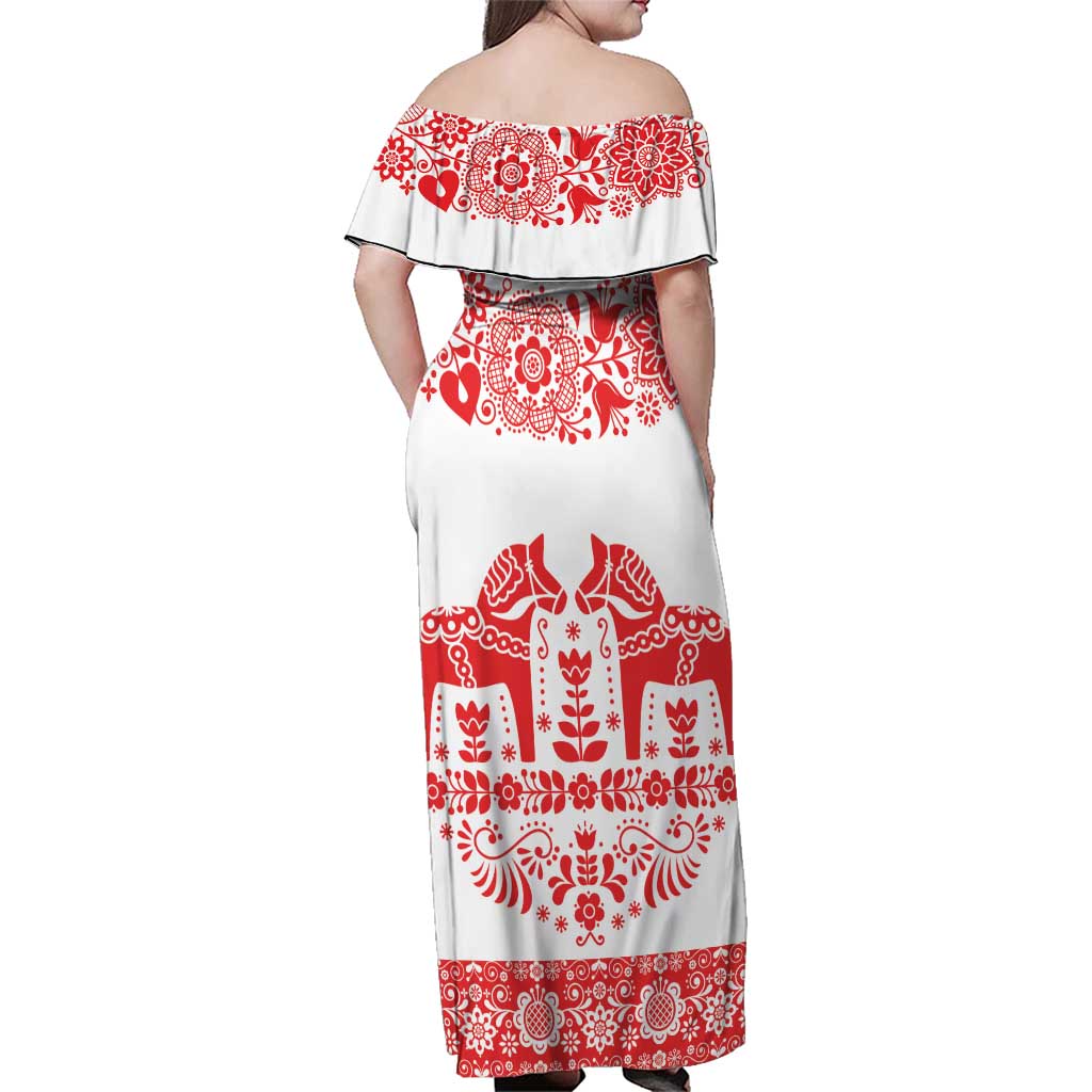 Sweden Daleclarian Horse Family Matching Off Shoulder Maxi Dress and Hawaiian Shirt Floral Folk Pattern White Version