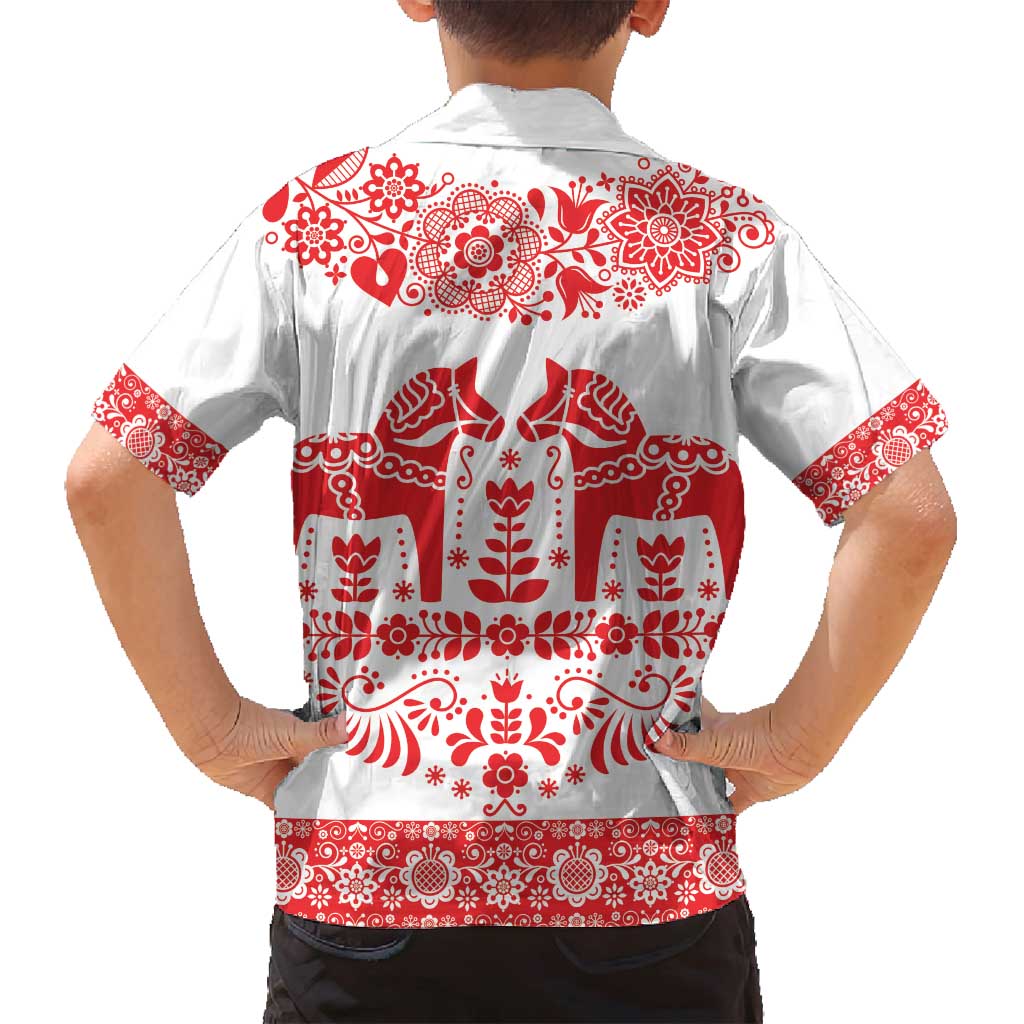 Sweden Daleclarian Horse Family Matching Off Shoulder Short Dress and Hawaiian Shirt Floral Folk Pattern White Version