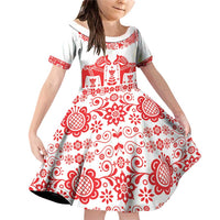 Sweden Daleclarian Horse Family Matching Off Shoulder Short Dress and Hawaiian Shirt Floral Folk Pattern White Version