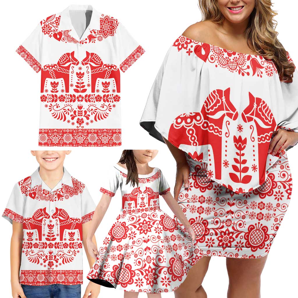 Sweden Daleclarian Horse Family Matching Off Shoulder Short Dress and Hawaiian Shirt Floral Folk Pattern White Version