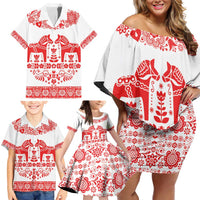 Sweden Daleclarian Horse Family Matching Off Shoulder Short Dress and Hawaiian Shirt Floral Folk Pattern White Version