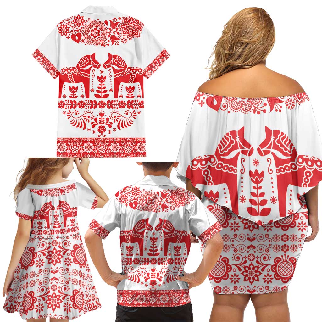 Sweden Daleclarian Horse Family Matching Off Shoulder Short Dress and Hawaiian Shirt Floral Folk Pattern White Version
