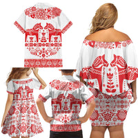 Sweden Daleclarian Horse Family Matching Off Shoulder Short Dress and Hawaiian Shirt Floral Folk Pattern White Version