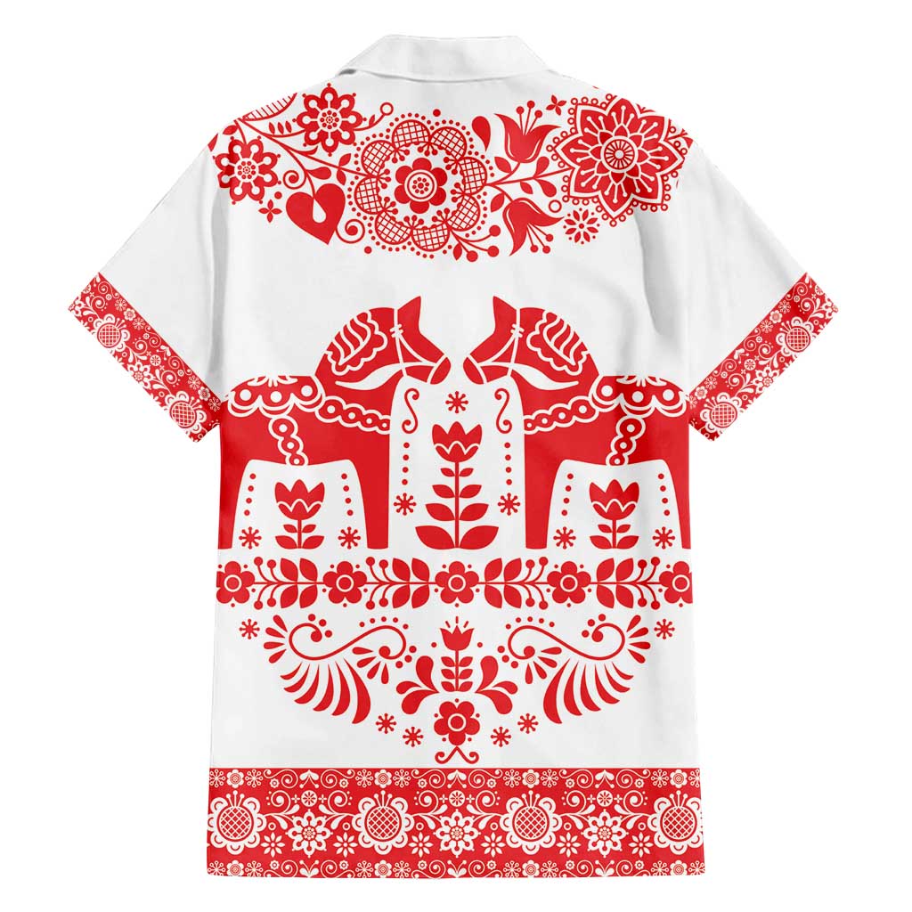 Sweden Daleclarian Horse Family Matching Off Shoulder Short Dress and Hawaiian Shirt Floral Folk Pattern White Version