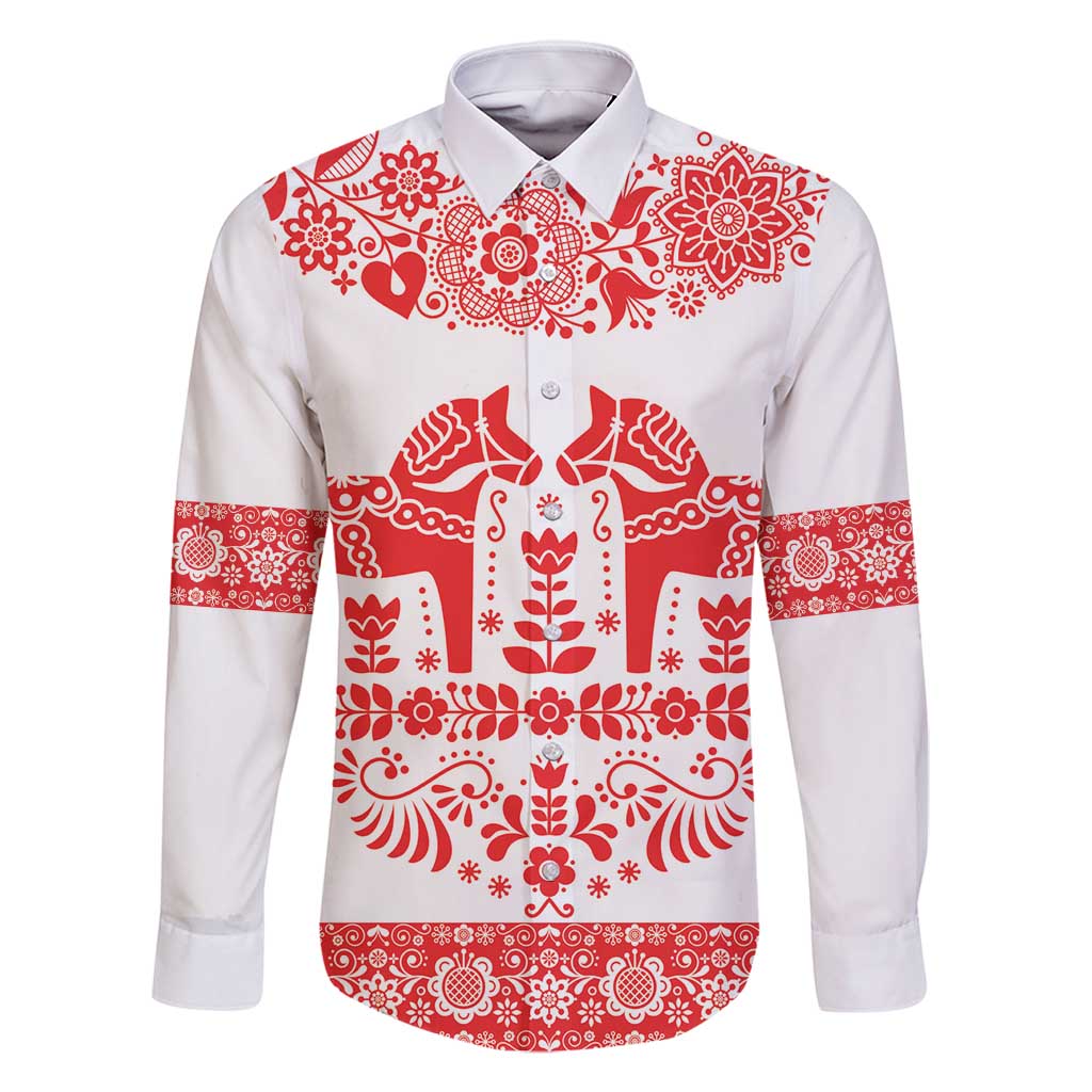 Sweden Daleclarian Horse Family Matching Off Shoulder Short Dress and Hawaiian Shirt Floral Folk Pattern White Version