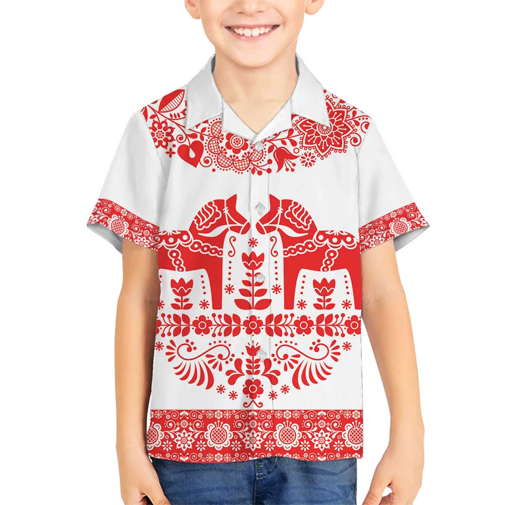 Sweden Daleclarian Horse Family Matching Off Shoulder Short Dress and Hawaiian Shirt Floral Folk Pattern White Version