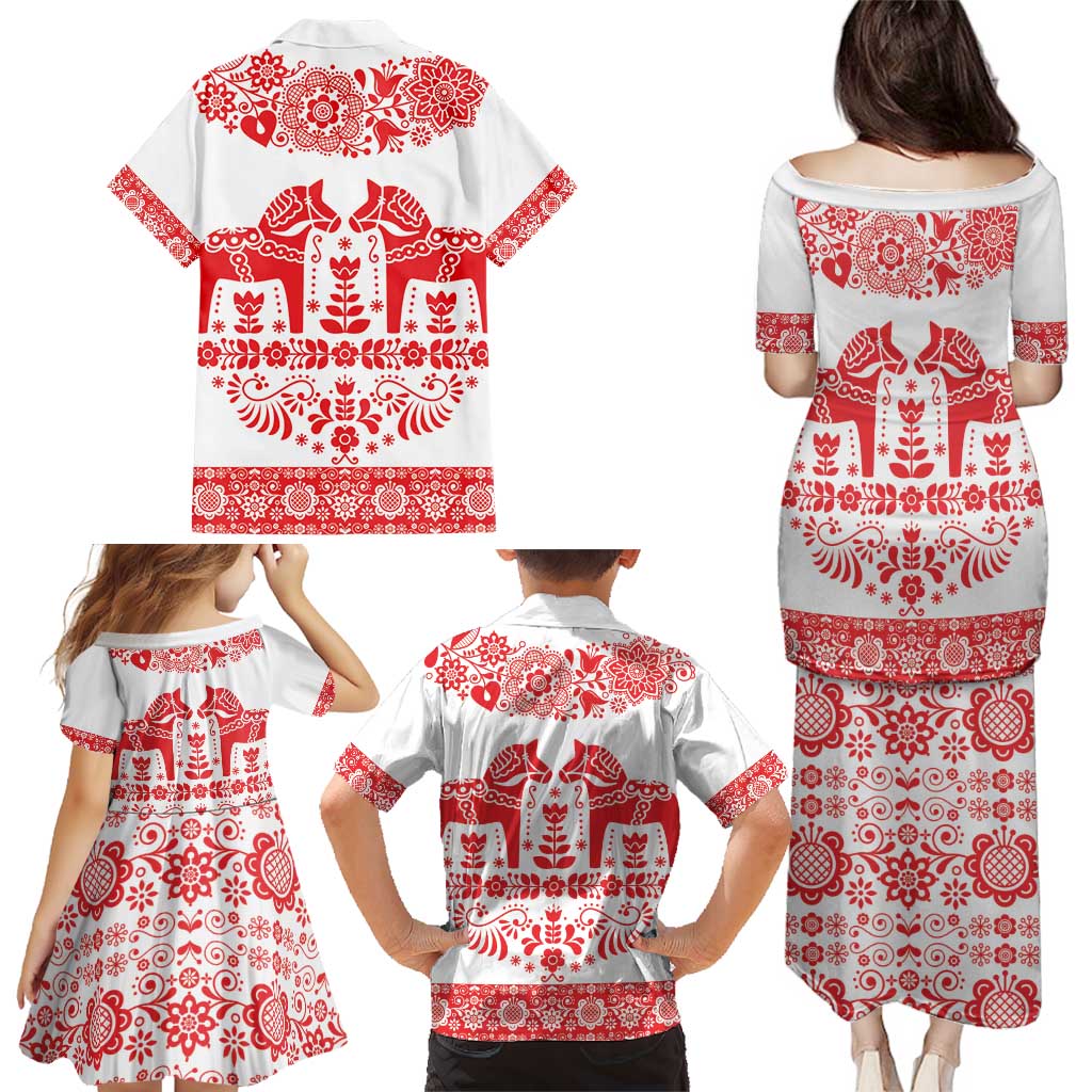 Sweden Daleclarian Horse Family Matching Puletasi and Hawaiian Shirt Floral Folk Pattern White Version