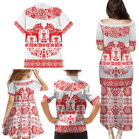 Sweden Daleclarian Horse Family Matching Puletasi and Hawaiian Shirt Floral Folk Pattern White Version