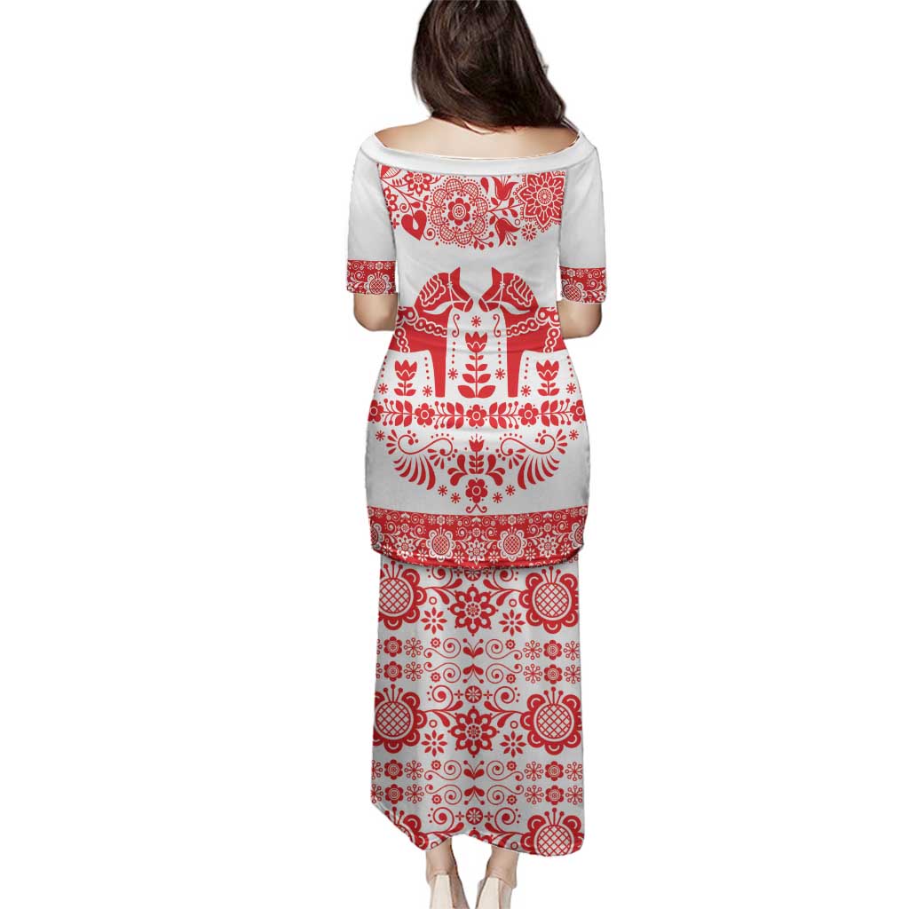 Sweden Daleclarian Horse Family Matching Puletasi and Hawaiian Shirt Floral Folk Pattern White Version