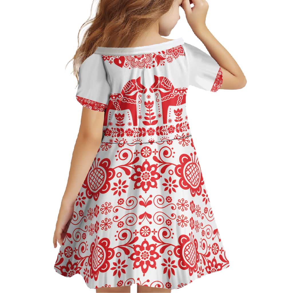 Sweden Daleclarian Horse Family Matching Short Sleeve Bodycon Dress and Hawaiian Shirt Floral Folk Pattern White Version