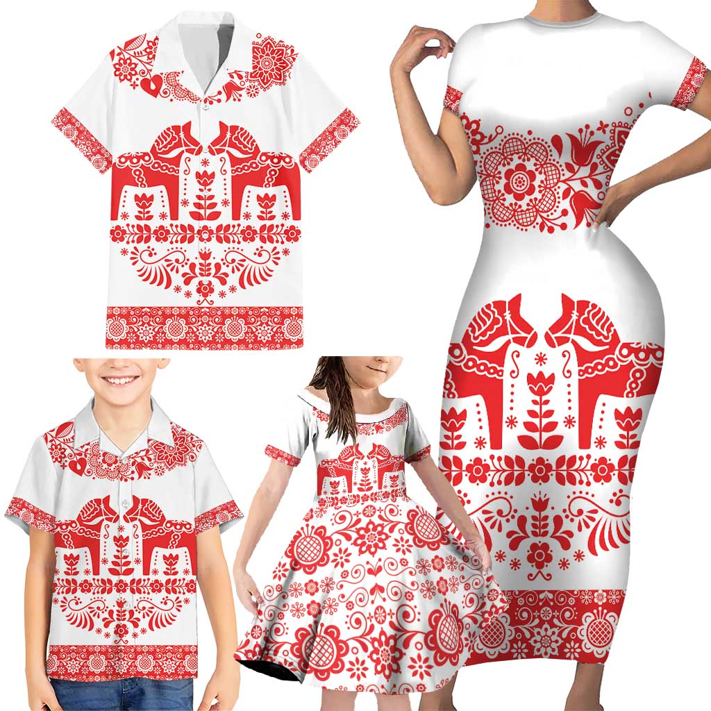 Sweden Daleclarian Horse Family Matching Short Sleeve Bodycon Dress and Hawaiian Shirt Floral Folk Pattern White Version