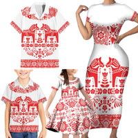 Sweden Daleclarian Horse Family Matching Short Sleeve Bodycon Dress and Hawaiian Shirt Floral Folk Pattern White Version