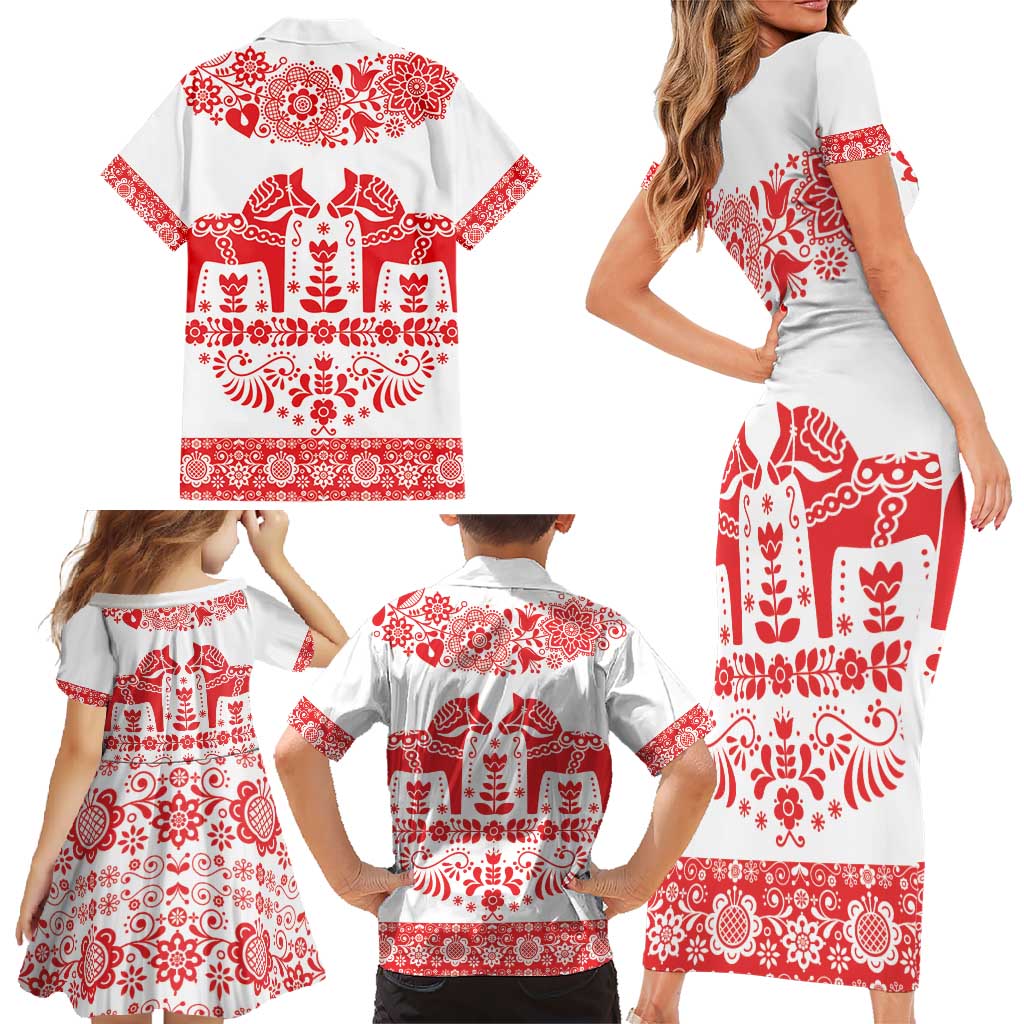 Sweden Daleclarian Horse Family Matching Short Sleeve Bodycon Dress and Hawaiian Shirt Floral Folk Pattern White Version