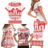 Sweden Daleclarian Horse Family Matching Short Sleeve Bodycon Dress and Hawaiian Shirt Floral Folk Pattern White Version