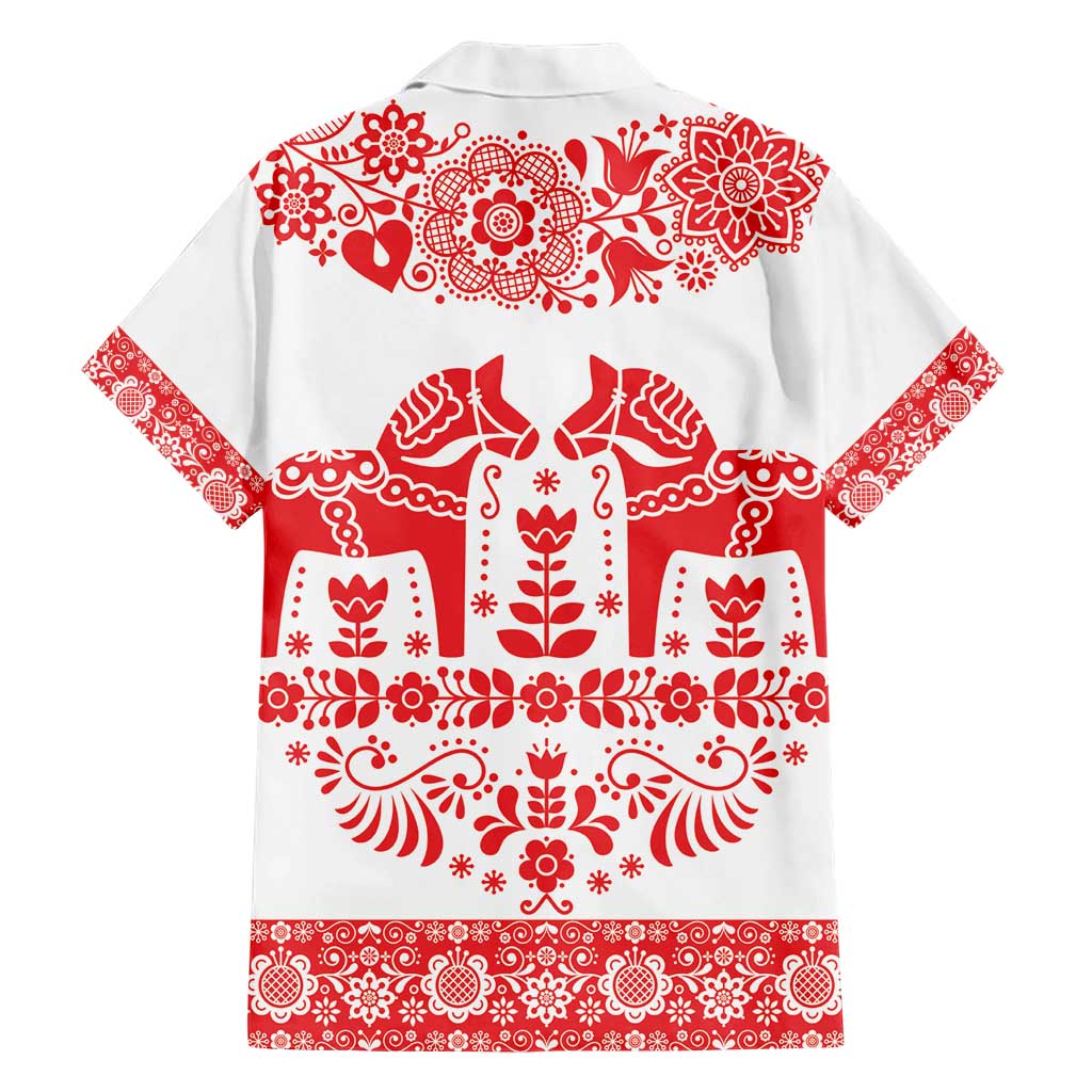 Sweden Daleclarian Horse Family Matching Short Sleeve Bodycon Dress and Hawaiian Shirt Floral Folk Pattern White Version