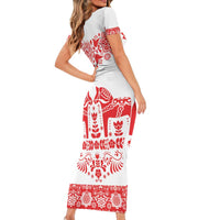 Sweden Daleclarian Horse Family Matching Short Sleeve Bodycon Dress and Hawaiian Shirt Floral Folk Pattern White Version