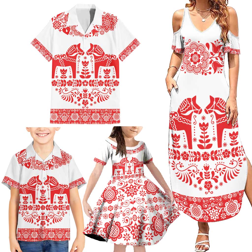 Sweden Daleclarian Horse Family Matching Summer Maxi Dress and Hawaiian Shirt Floral Folk Pattern White Version