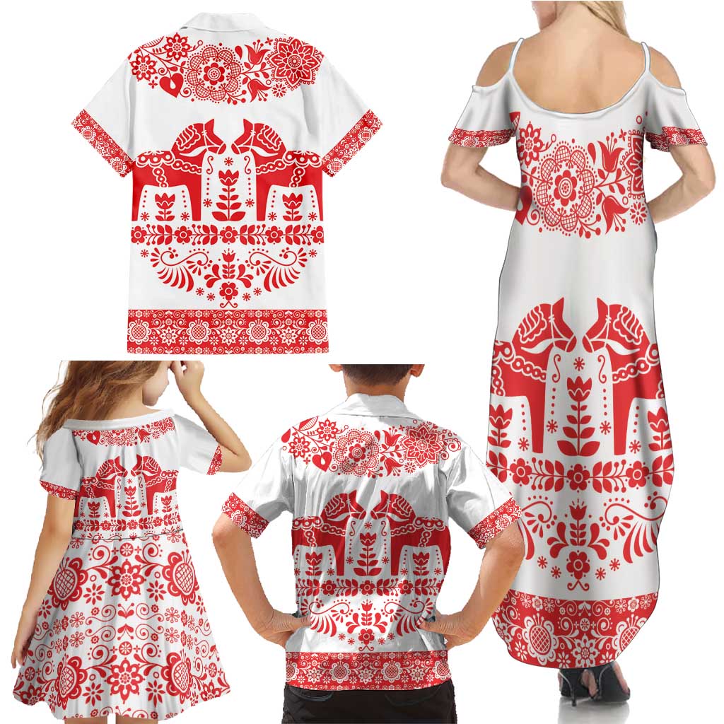 Sweden Daleclarian Horse Family Matching Summer Maxi Dress and Hawaiian Shirt Floral Folk Pattern White Version