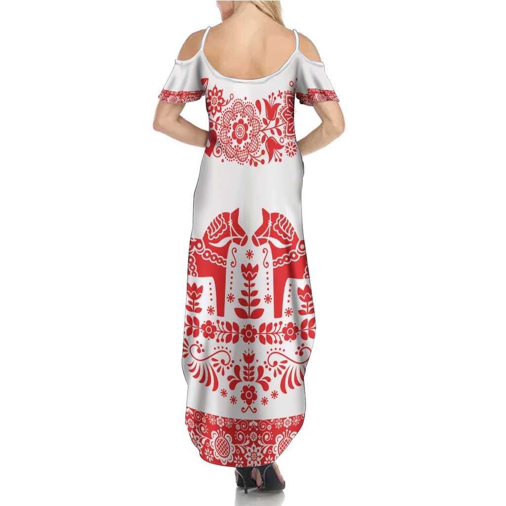 Sweden Daleclarian Horse Family Matching Summer Maxi Dress and Hawaiian Shirt Floral Folk Pattern White Version