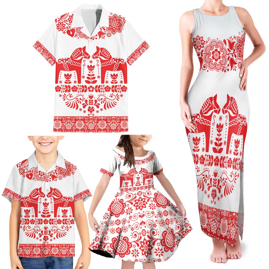 Sweden Daleclarian Horse Family Matching Tank Maxi Dress and Hawaiian Shirt Floral Folk Pattern White Version
