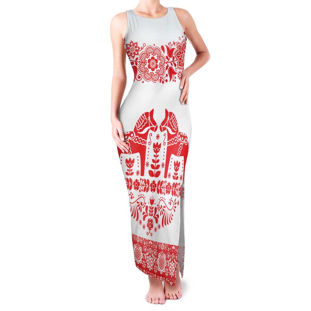 Sweden Daleclarian Horse Family Matching Tank Maxi Dress and Hawaiian Shirt Floral Folk Pattern White Version