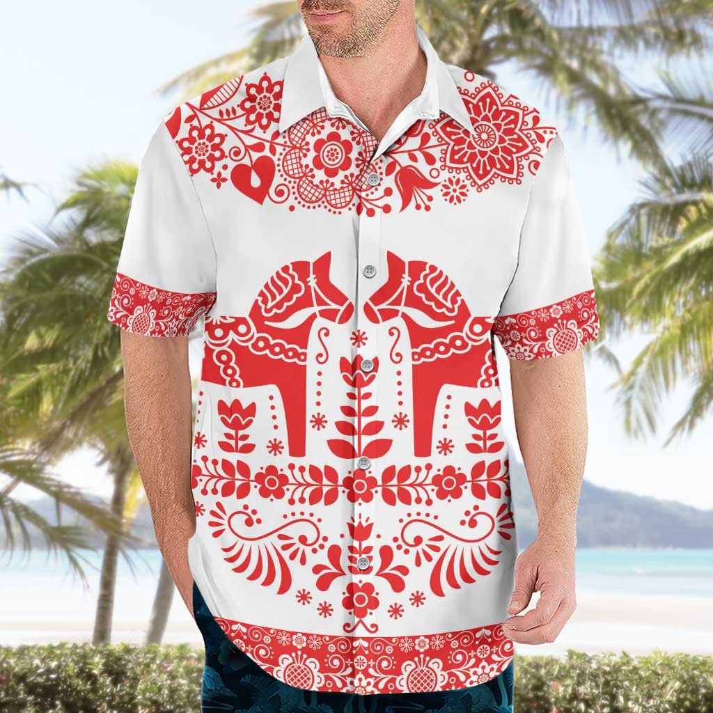 Sweden Daleclarian Horse Hawaiian Shirt Floral Folk Pattern White Version