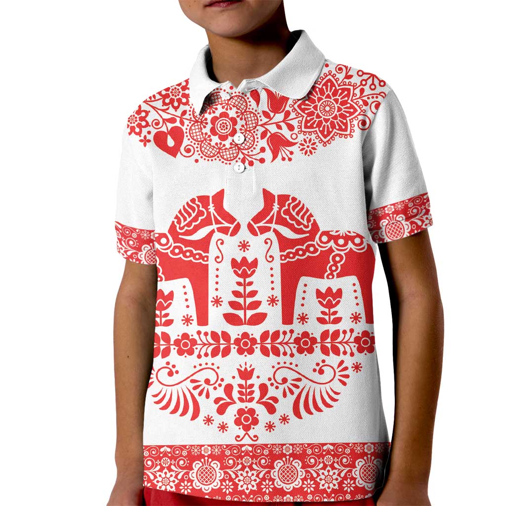 Sweden Daleclarian Horse Kid Polo Shirt Floral Folk Pattern White Version