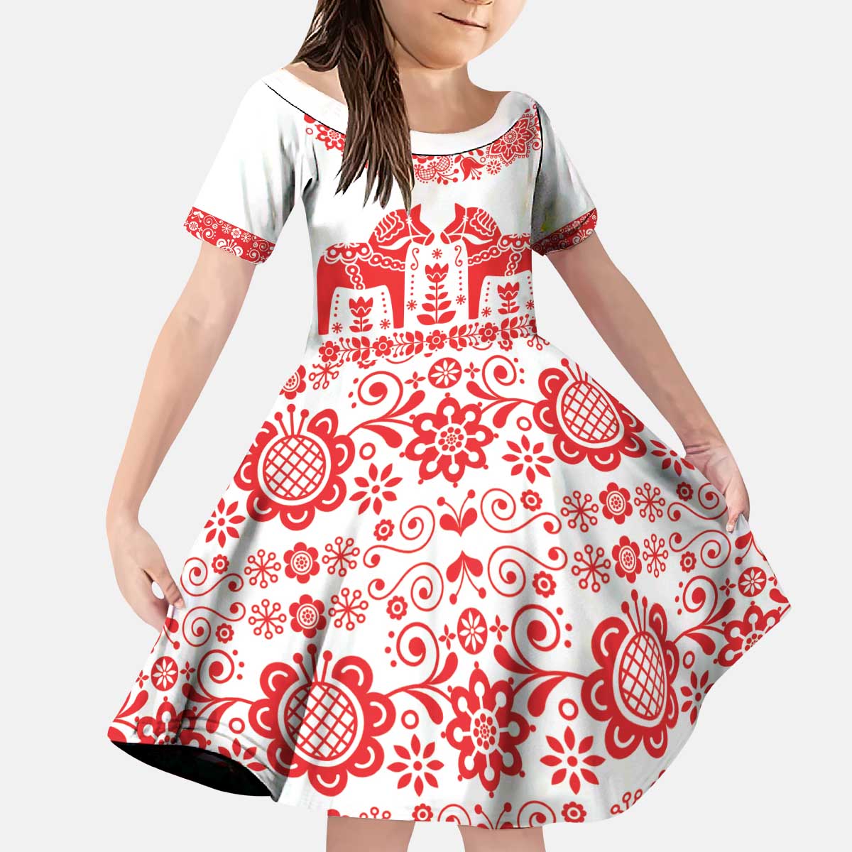 Sweden Daleclarian Horse Kid Short Sleeve Dress Floral Folk Pattern White Version