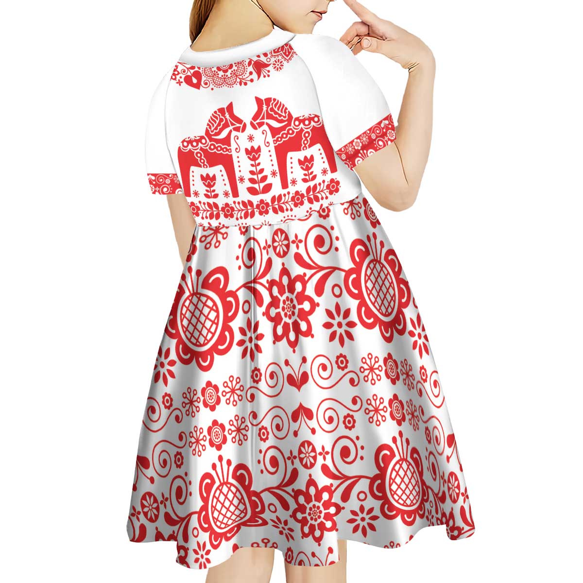 Sweden Daleclarian Horse Kid Short Sleeve Dress Floral Folk Pattern White Version
