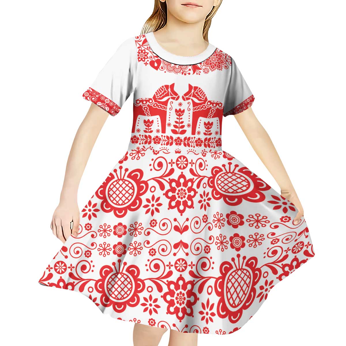 Sweden Daleclarian Horse Kid Short Sleeve Dress Floral Folk Pattern White Version