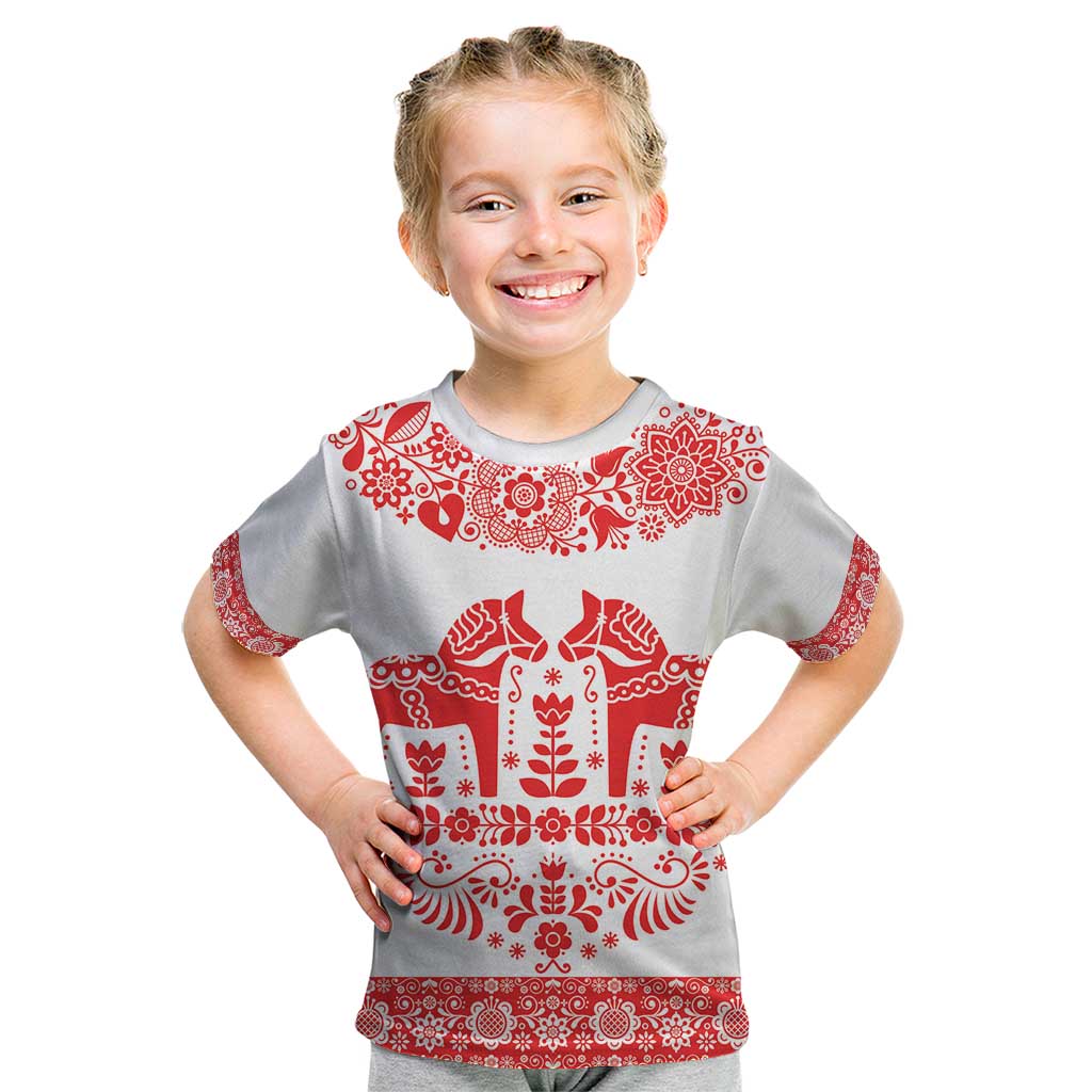 Sweden Daleclarian Horse Kid T Shirt Floral Folk Pattern White Version
