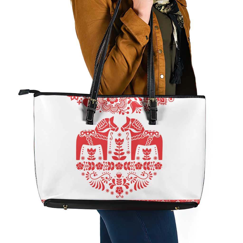 Sweden Daleclarian Horse Leather Tote Bag Floral Folk Pattern White Version