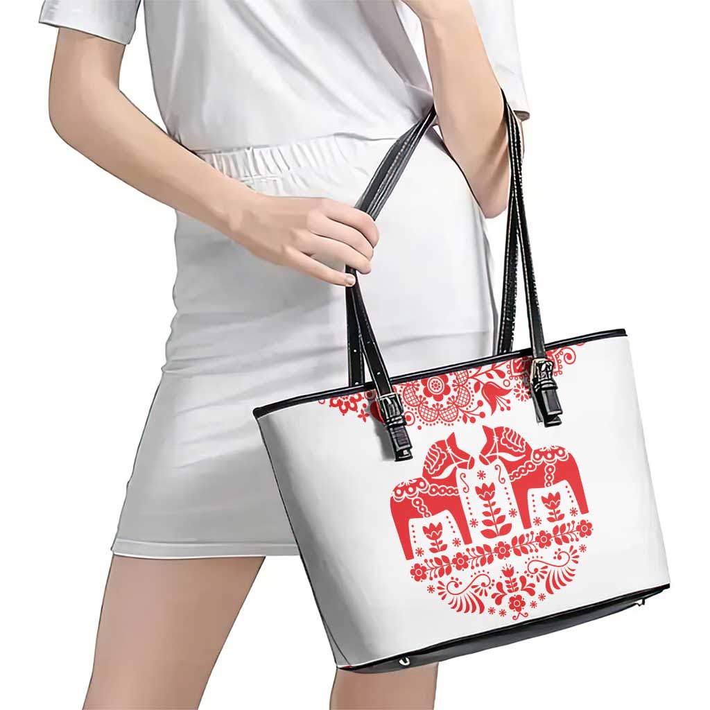Sweden Daleclarian Horse Leather Tote Bag Floral Folk Pattern White Version