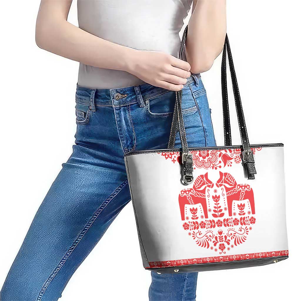 Sweden Daleclarian Horse Leather Tote Bag Floral Folk Pattern White Version