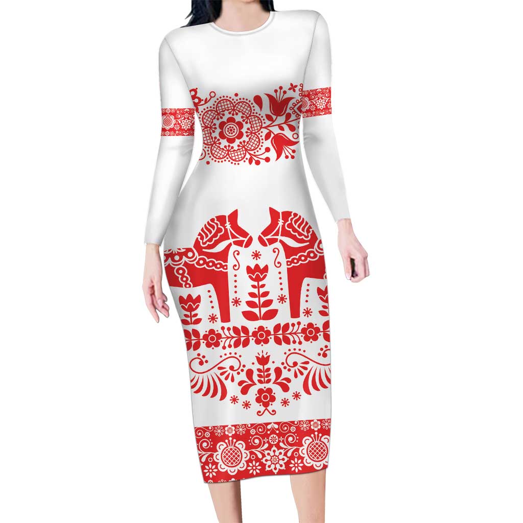 Sweden Daleclarian Horse Long Sleeve Bodycon Dress Floral Folk Pattern White Version