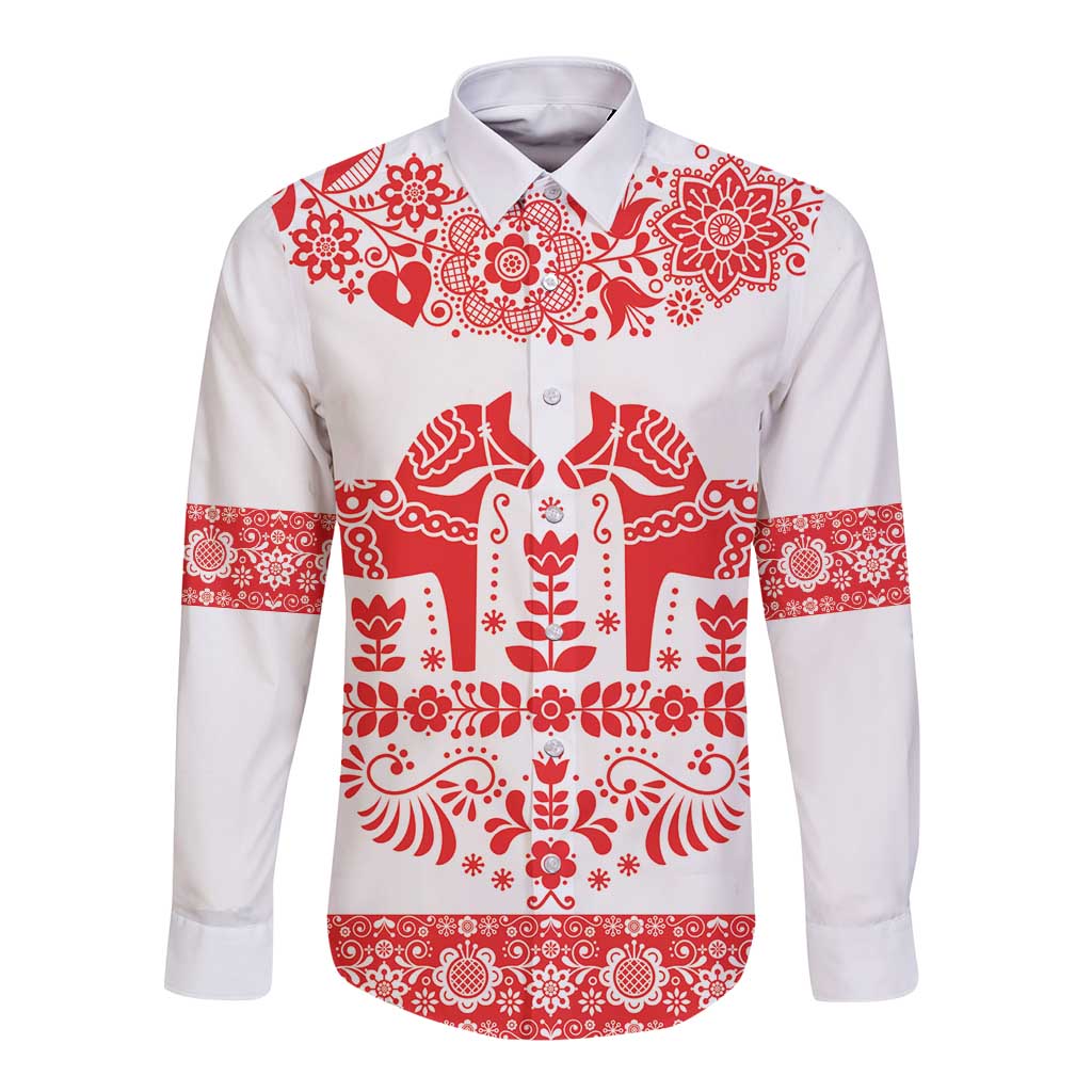 Sweden Daleclarian Horse Long Sleeve Button Shirt Floral Folk Pattern White Version