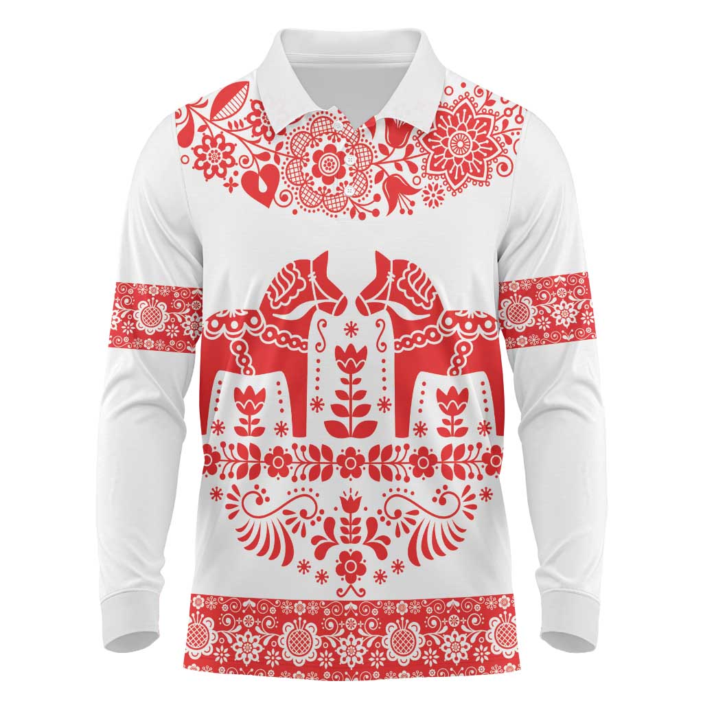 Sweden Daleclarian Horse Long Sleeve Polo Shirt Floral Folk Pattern White Version