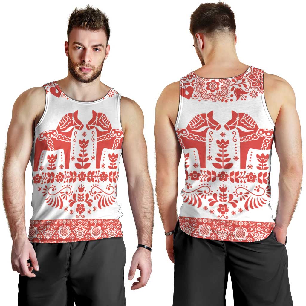 Sweden Daleclarian Horse Men Tank Top Floral Folk Pattern White Version