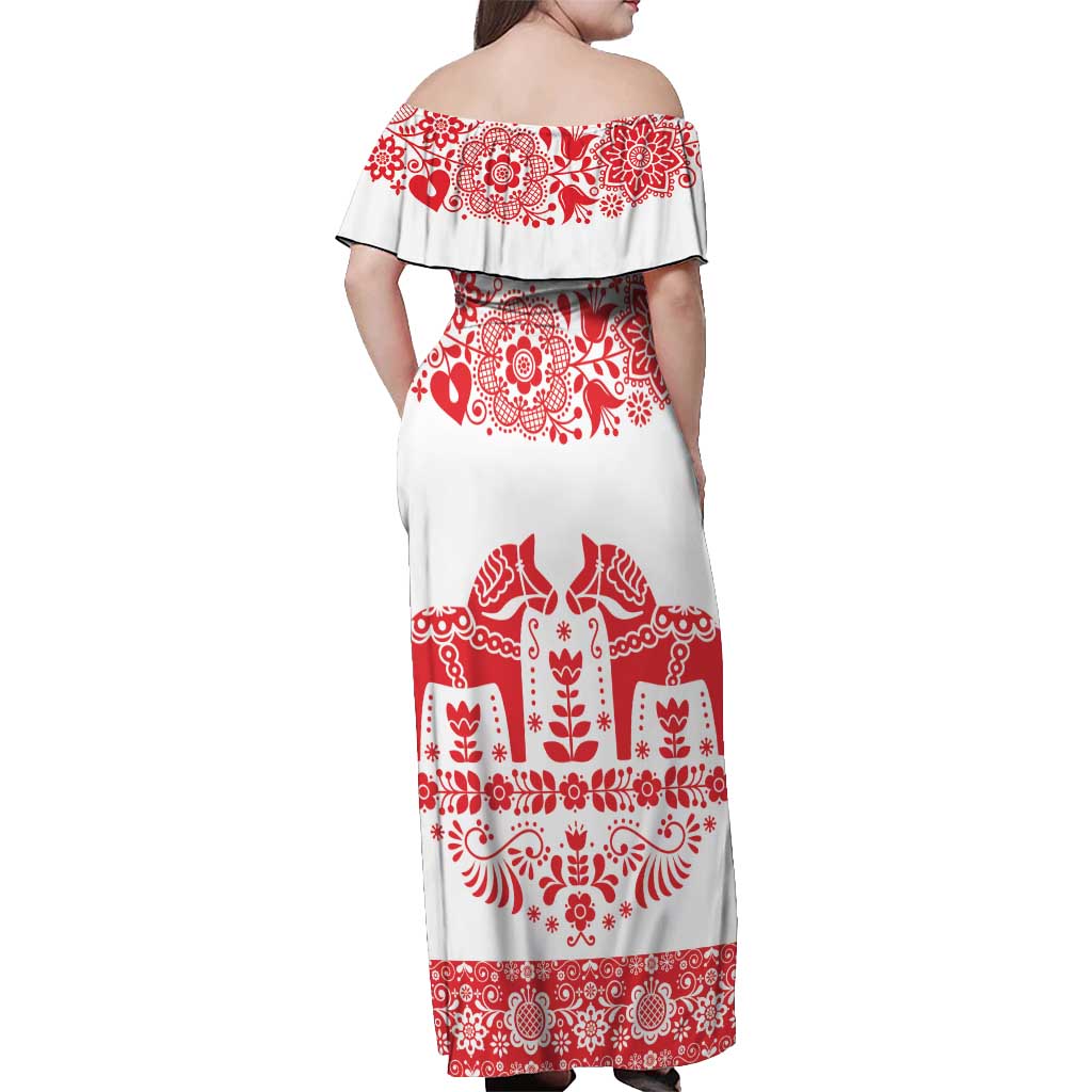 Sweden Daleclarian Horse Off Shoulder Maxi Dress Floral Folk Pattern White Version
