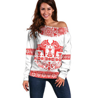 Sweden Daleclarian Horse Off Shoulder Sweater Floral Folk Pattern White Version